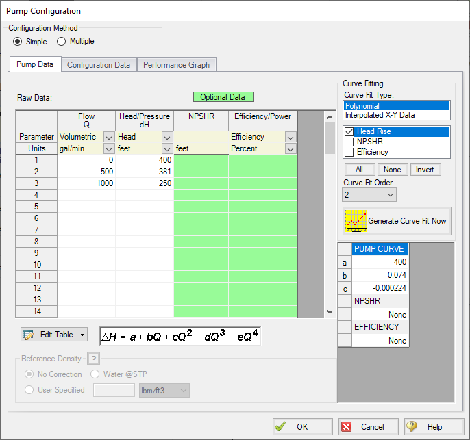 The Pump Configuration window with pump curve data entered.